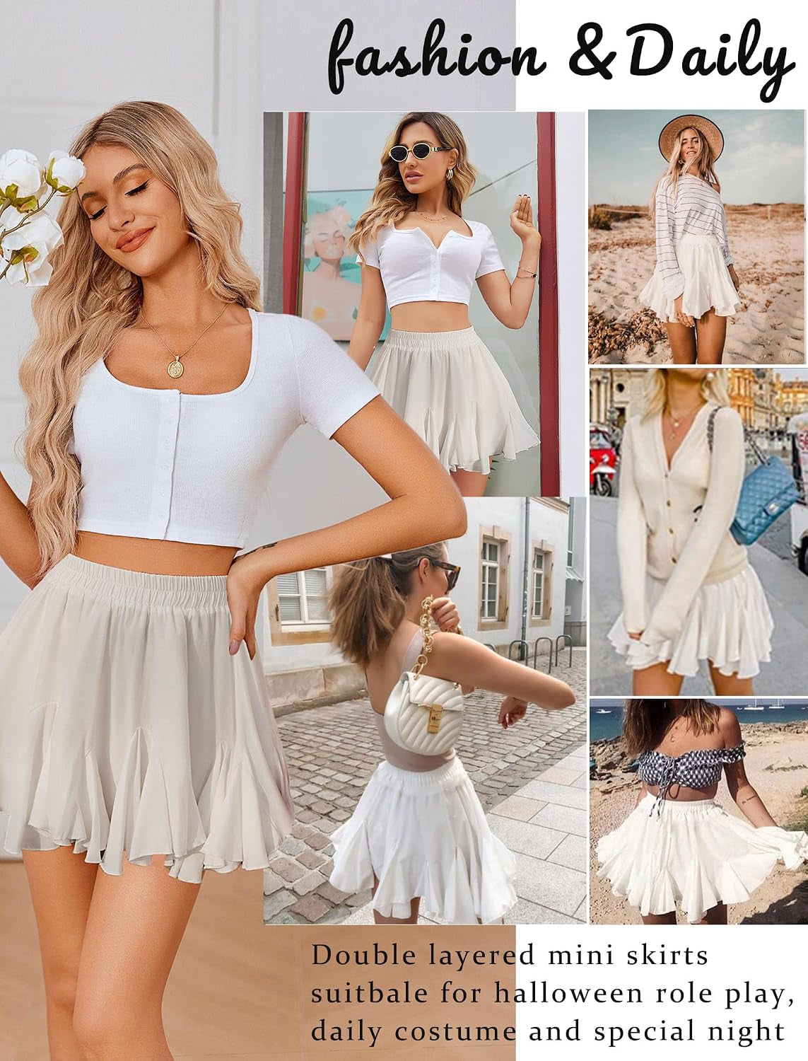 Women'S Pleated Skirt Boho Ruffle Flowy Mini Skirts High Waisted Flared Skater Skirt Basic Outfits