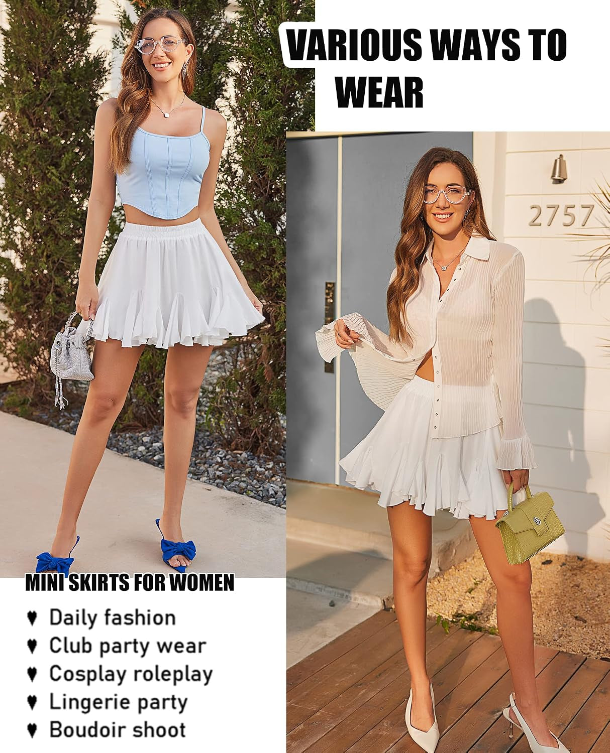 Women'S Pleated Skirt Boho Ruffle Flowy Mini Skirts High Waisted Flared Skater Skirt Basic Outfits