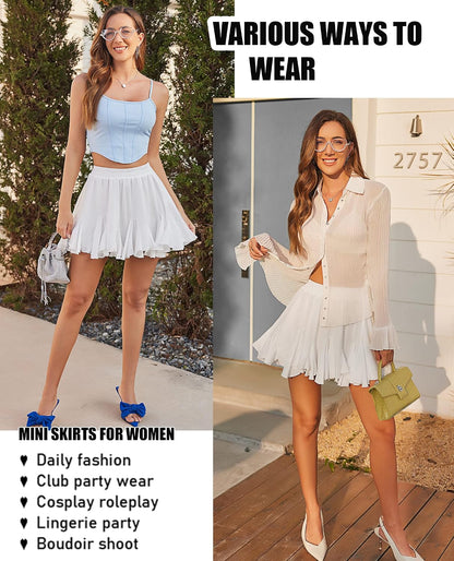 Women'S Pleated Skirt Boho Ruffle Flowy Mini Skirts High Waisted Flared Skater Skirt Basic Outfits