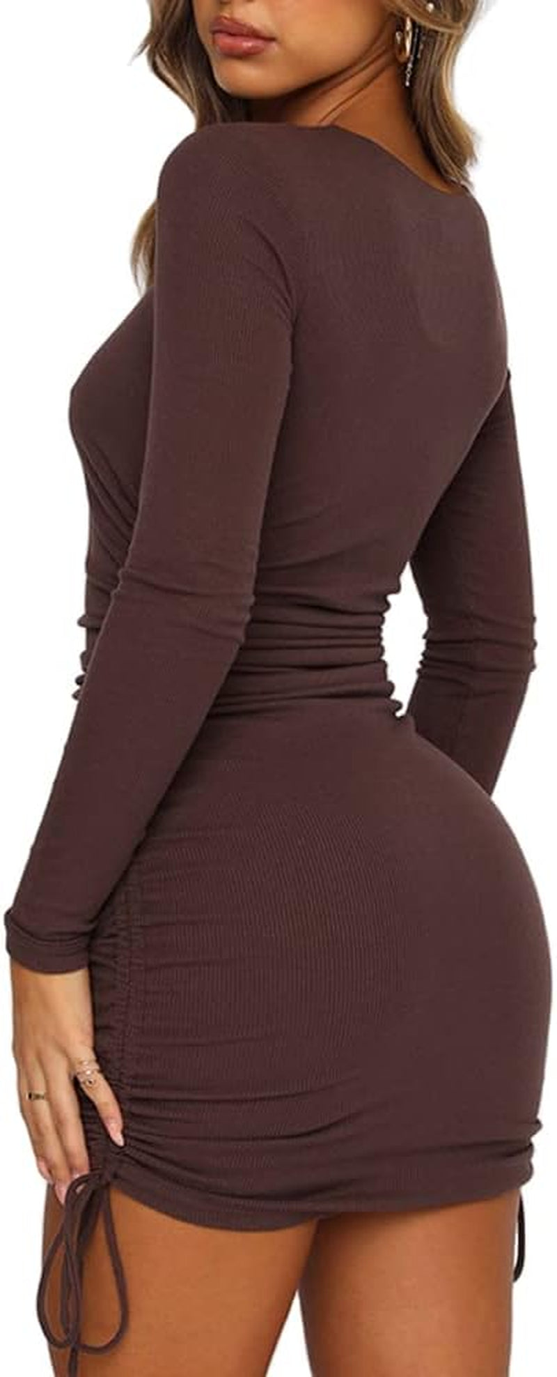 Women'S Sexy Club Ruched Long Sleeve Drawstring Mini Bodycon Dress