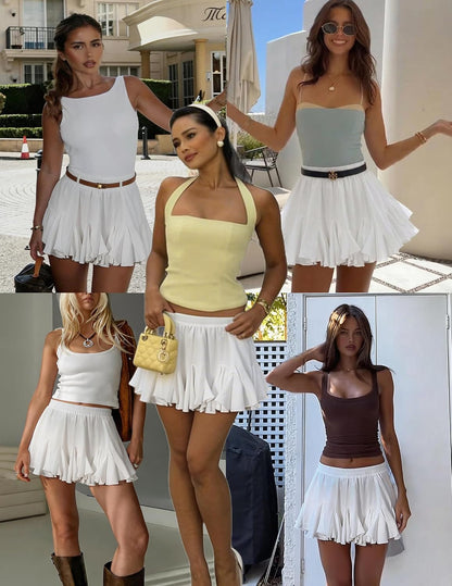 Women'S Pleated Skirt Boho Ruffle Flowy Mini Skirts High Waisted Flared Skater Skirt Basic Outfits