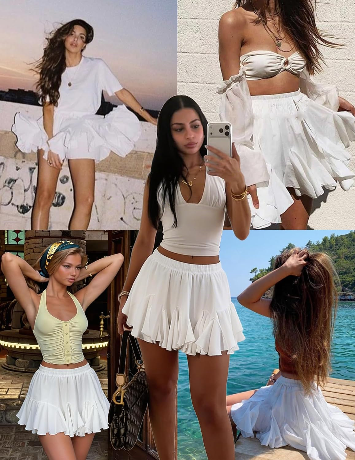 Women'S Pleated Skirt Boho Ruffle Flowy Mini Skirts High Waisted Flared Skater Skirt Basic Outfits