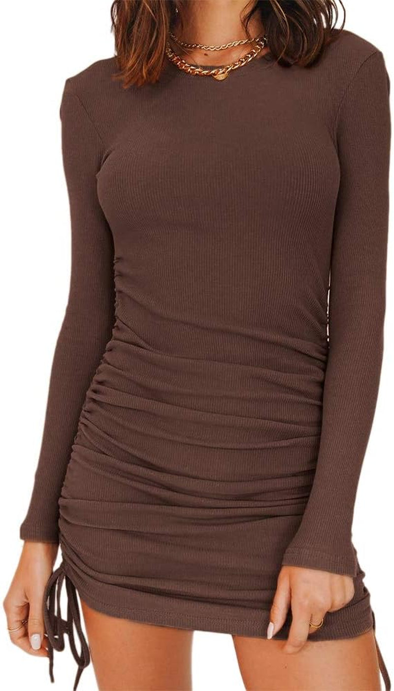 Women'S Sexy Club Ruched Long Sleeve Drawstring Mini Bodycon Dress